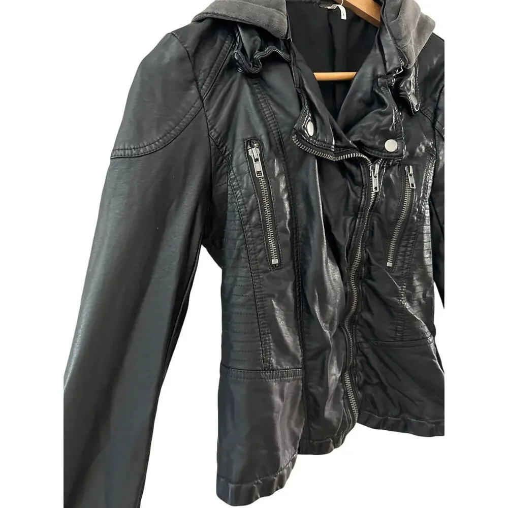 Free People Cleo Vegan Leather Moto Hooded Jacket‎ Black Size 8